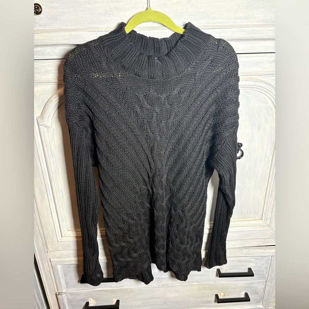 Vintage‎ Black Chunky Fisherman’s Knit Mockneck Sweater Slouchy Cozy Basic